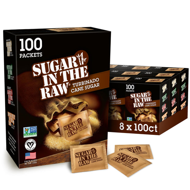 Sugar In The Raw Turbinado Cane Sugar Packets, 200 Ct Box, 1 Pack, Pure, All-Natural Turbinado Sugar, Non-GMO Project Verified, Kosher, Vegan and Gluten Free