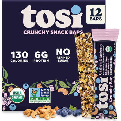 Tosi Nut Bars, Cashew Blueberry, Healthy Snacks for Adults & Kids, Plant Based Crunchy Bars (6G Protein), Organic Keto Snacks, Vegan, Gluten & Soy Free, Low Sugar, Omega 3s, 1oz, 12-Pack