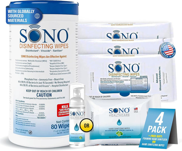 SONO Disinfecting Wipes - 80 Count (Canister of 1) and 60 Count (Pack of 3) + Sanitizer, Medical-Grade, Alcohol-Free, No Bleach, Gentle & Effective Multi-Surface Cleaning Solution