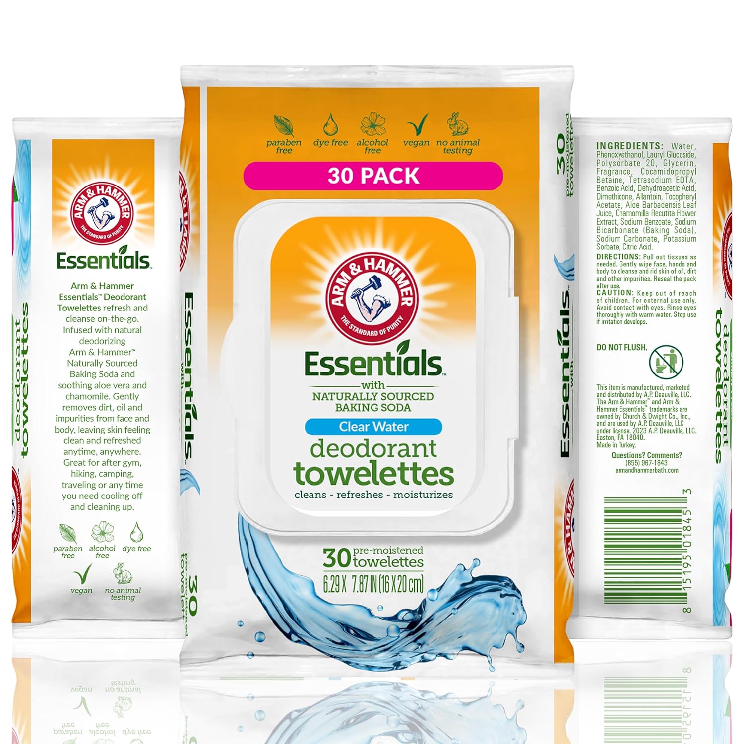 Arm and Hammer Face and Body Wipes for Adults - Deodorant Towelettes 30 Sheets for Women - Shower Wipes for Traveling, Camping, Gym, and Bathing - Alcohol-Free Face Sheets (Clear Water)