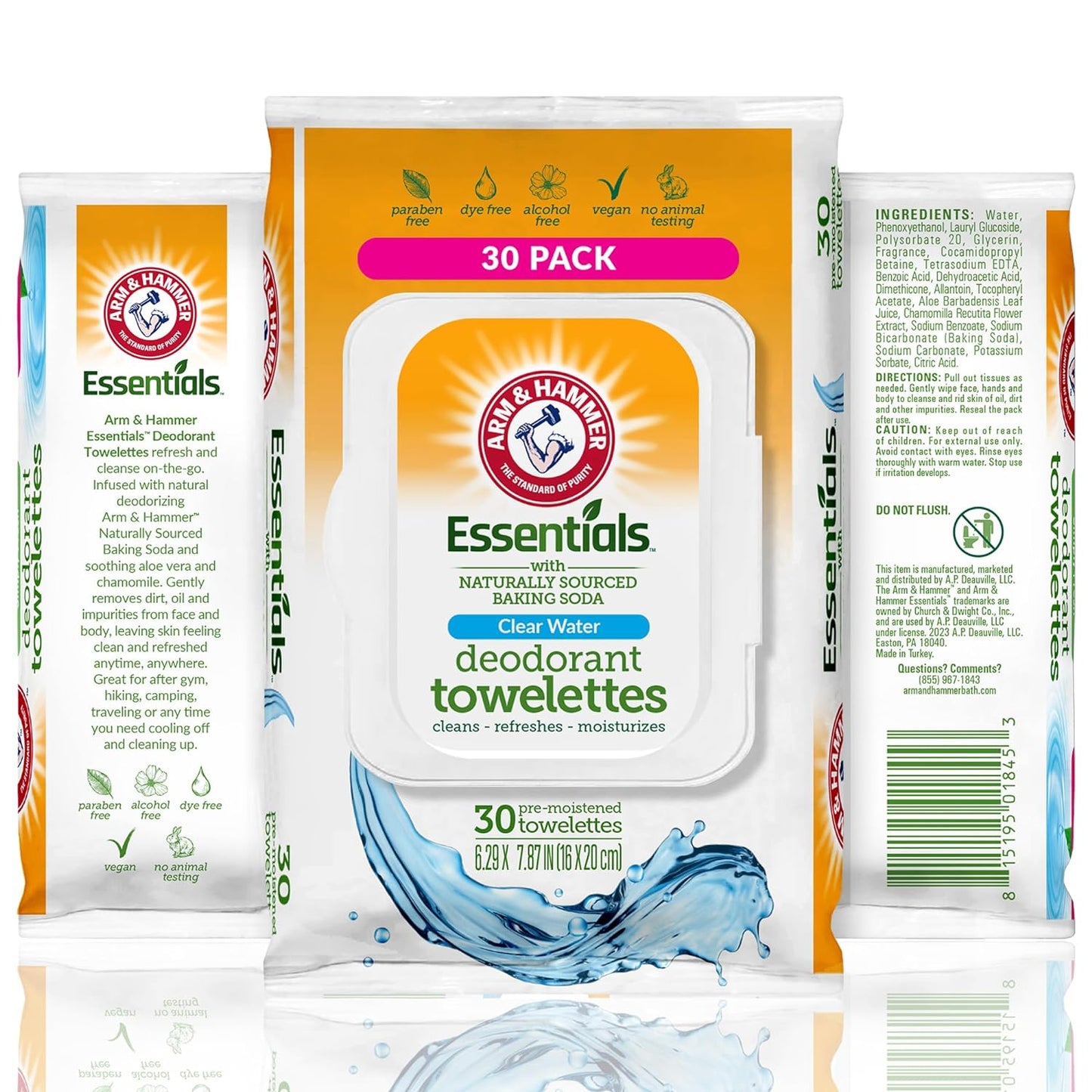 Arm and Hammer Face and Body Wipes for Adults - Deodorant Towelettes 30 Sheets for Women - Shower Wipes for Traveling, Camping, Gym, and Bathing - Alcohol-Free Face Sheets (Clear Water)