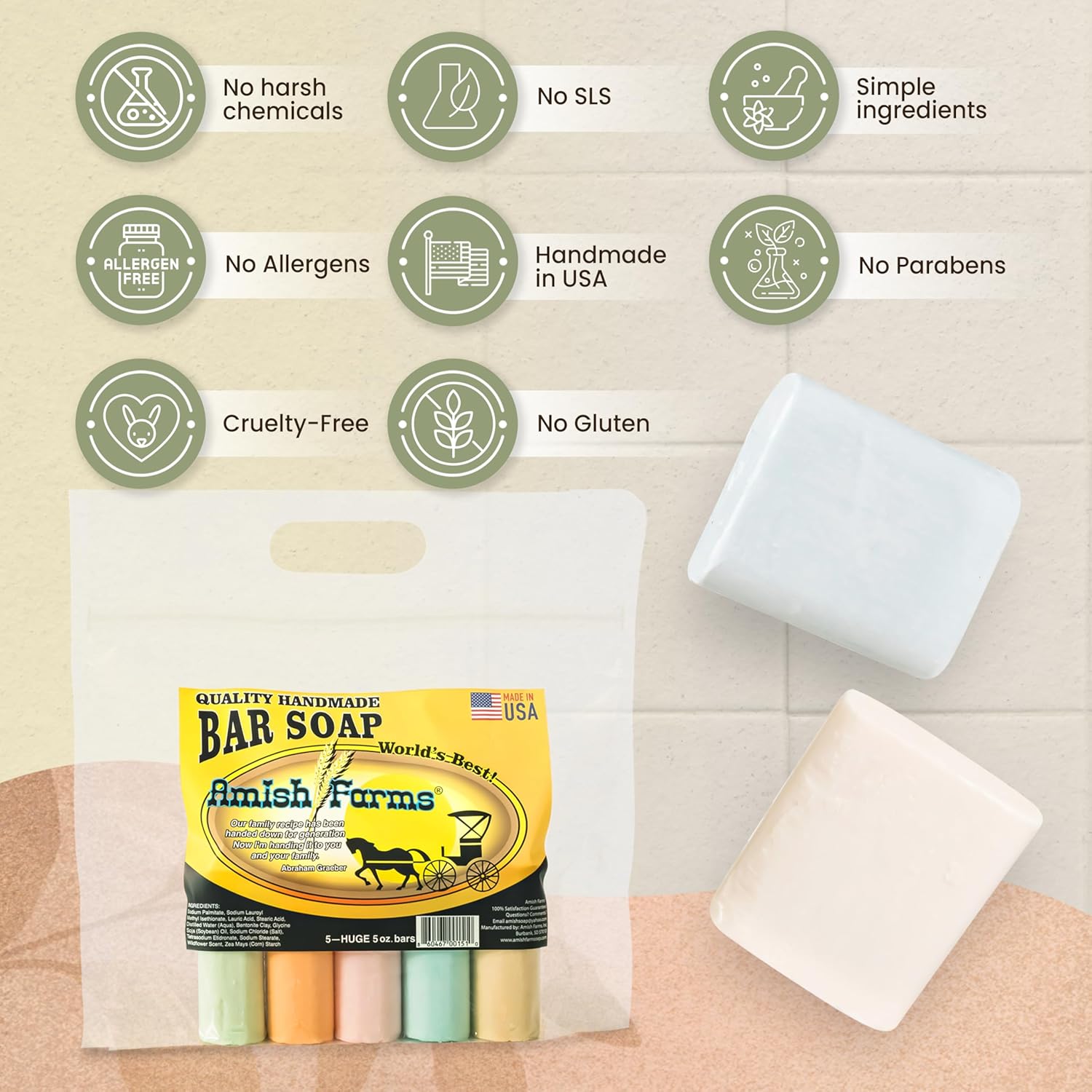 Amish Farms Soap Bar with All Natural Bentonite Clay | Made in USA, Vegan Moisturizing for Sensitive Skin | Women & Mens Face & Body Bath Soap for Shower | Clean Scent | 5 Ounce Each (5 Bars)