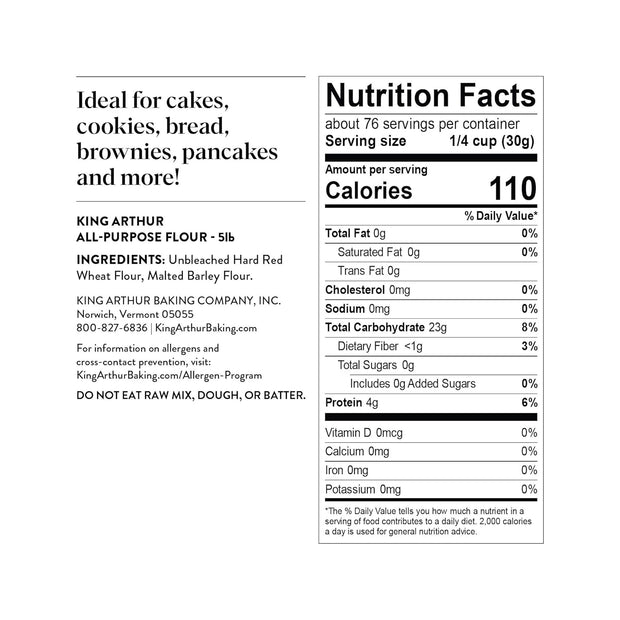King Arthur Baking Unbleached All-Purpose Flour: Premium 5 lbs Baking Flour, Non-GMO, Kosher Certified, Versatile for Bread, Cakes & Pastries - 11.7% Protein Content, No Preservatives