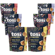 Tosi Crispy Puffs (3oz, 4 Pack), Vegan Crunchy Snacks, 8g Plant Based Protein, Nut-Free, Allergen Friendly, Healthy Snacks for Adults & Kids, Gluten Free Treats, Ancient Grains (Cinnamon Apple)