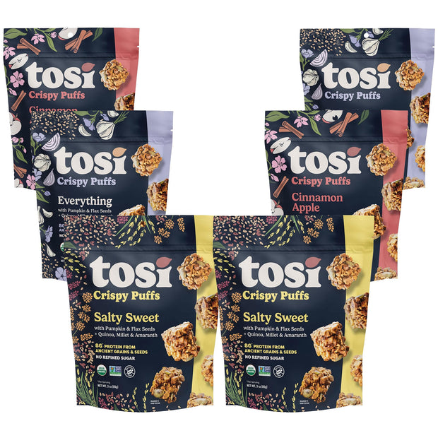 Tosi Crispy Puffs (3oz, 4 Pack), Vegan Crunchy Snacks, 8g Plant Based Protein, Nut-Free, Allergen Friendly, Healthy Snacks for Adults & Kids, Gluten Free Treats, Ancient Grains (Cinnamon Apple)