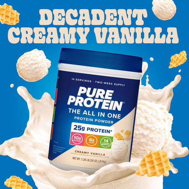 Pure Protein All-In-One Powder, Vanilla - Whey & Collagen, High Fiber, Vitamins, No Added Sugar, Non-GMO, Gluten-Free, 1.25lb