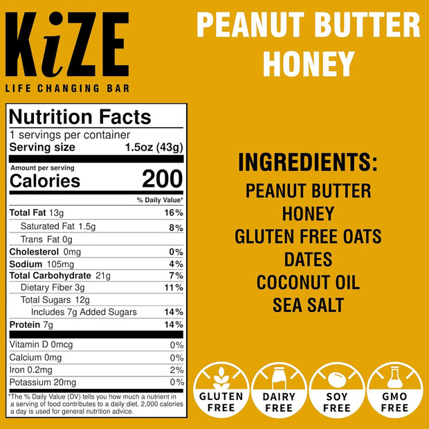 KiZE Energy Bars - Peanut Butter Honey - Gluten Free, Dairy Free, Non-GMO, and High Protein Meal Replacement Energy Bars, Clean and Simple Food Ingredients - 7g High Protein Snacks, (10 Count)