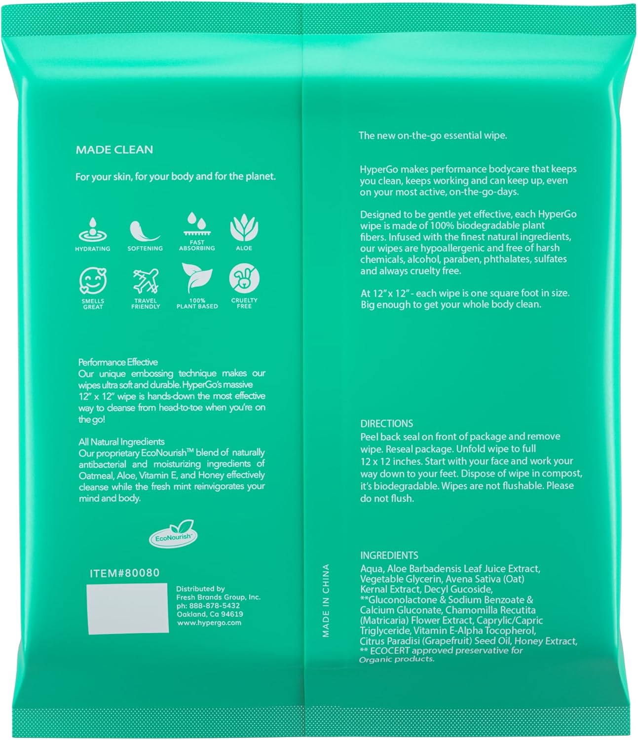 HyperGo XL Body Wipes for Women & Men – 12" x12" Rinse-Free Full Body Cleansing Wipes 20 Count Pack - Mint | Biodegradable, Hypoallergenic, Aloe-Infused | Gym, Festival, Camping Essentials