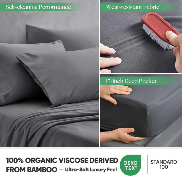 Silver Infused Bed Sheets, Cooling Fabric with Self-Cleaning Technology for Restful Sleep, Genuine 100% Organic Viscose Derived from Bamboo, Breathable and Soft Bed Sheets (Gray, King)