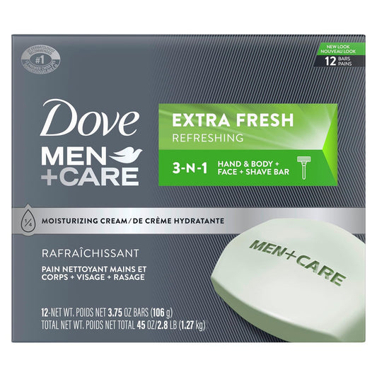 Dove Men+Care Hand & Body, Face & Shave Bar Soap for refreshed skin Extra Fresh soap bar with ¼ moisturizing cream 106 g Pack of 12