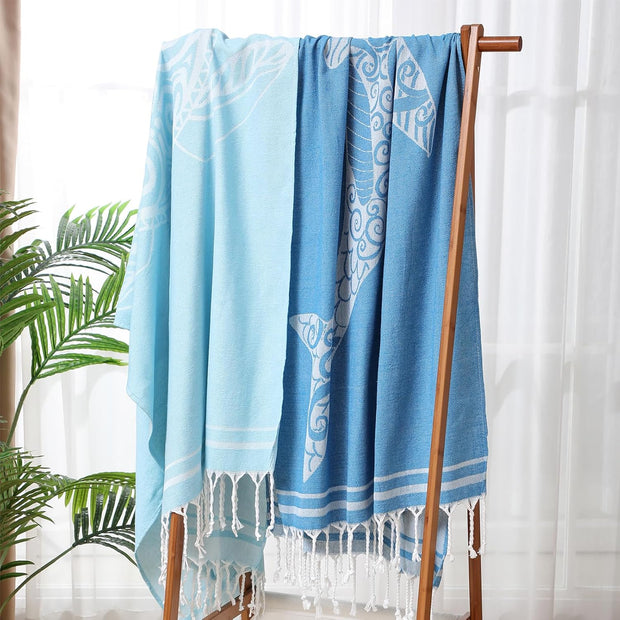 Tranqun 2pcs Oversized Beach Towel Blanket Turkish Giant Sandproof Towel XXL 66 x 71 Spacious Microfiber Lightweight Sand Towels Picnic Park Summer Travel Camping for Adult(Whale,Blue)