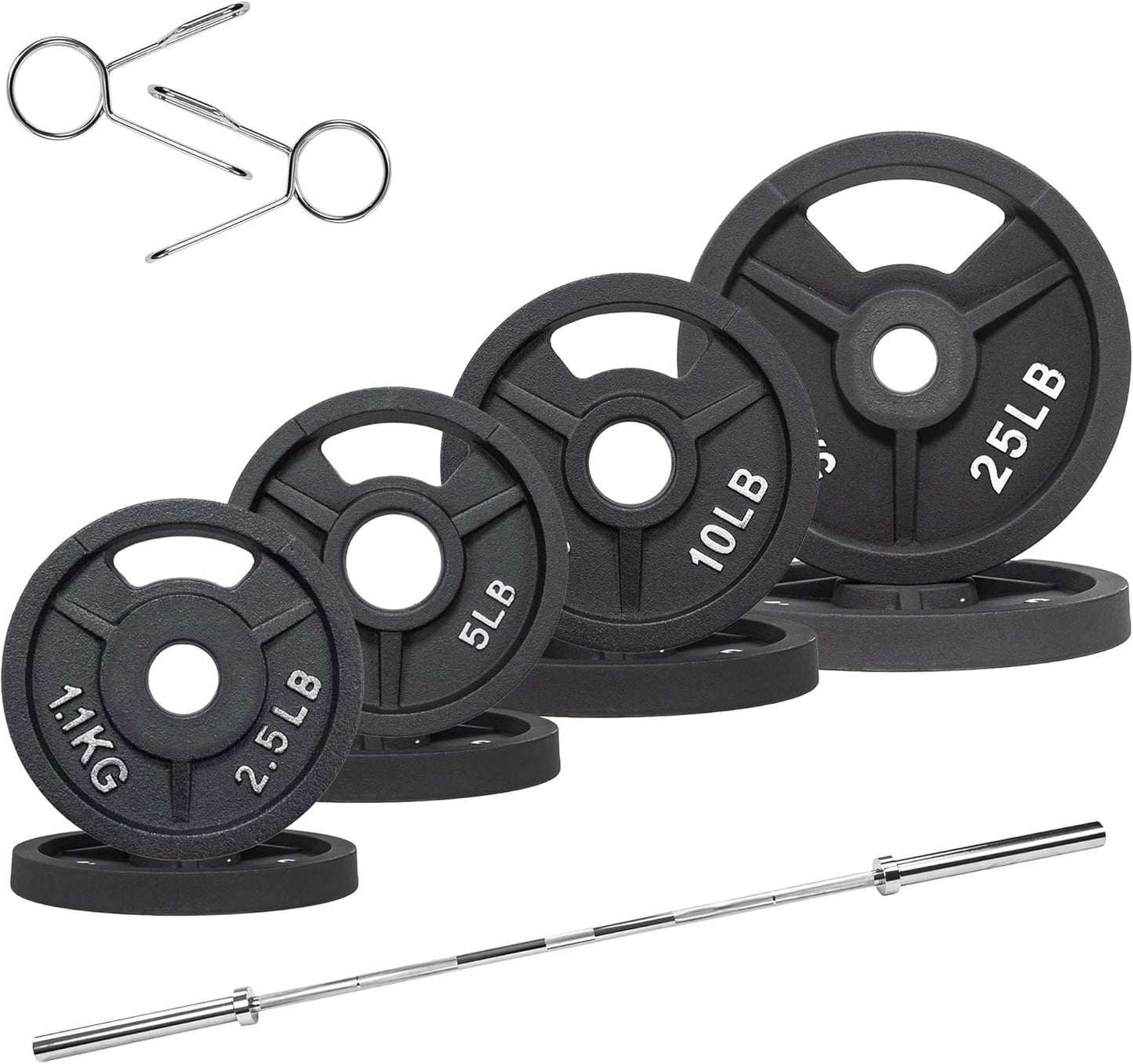 Olympic Cast Iron 2-Inch Weight Plates Including 5FT Olympic Barbell Bar & Safely Locks, 100 Pounds Set (85 lbs Plates + 15 lbs Barbell Bar), Multiple Packages