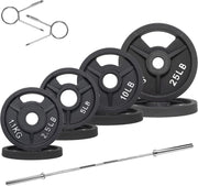 Olympic Cast Iron 2-Inch Weight Plates Including 5FT Olympic Barbell Bar & Safely Locks, 100 Pounds Set (85 lbs Plates + 15 lbs Barbell Bar), Multiple Packages
