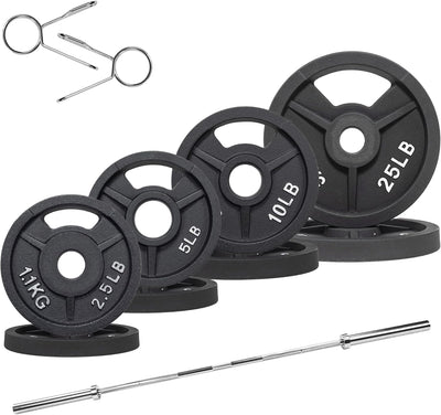Olympic Cast Iron 2-Inch Weight Plates Including 5FT Olympic Barbell Bar & Safely Locks, 100 Pounds Set (85 lbs Plates + 15 lbs Barbell Bar), Multiple Packages