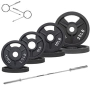 Olympic Cast Iron 2-Inch Weight Plates Including 5FT Olympic Barbell Bar & Safely Locks, 100 Pounds Set (85 lbs Plates + 15 lbs Barbell Bar), Multiple Packages