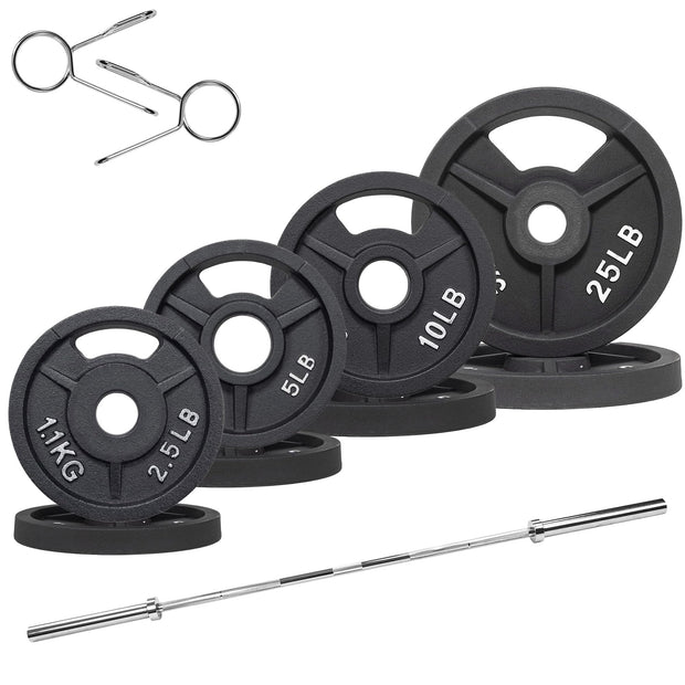Olympic Cast Iron 2-Inch Weight Plates Including 5FT Olympic Barbell Bar & Safely Locks, 100 Pounds Set (85 lbs Plates + 15 lbs Barbell Bar), Multiple Packages