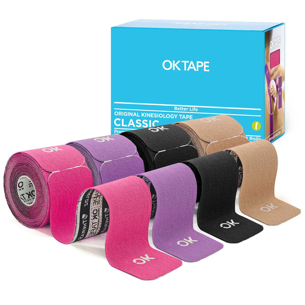 OK TAPE 4 Rolls Kinesiology Tape Precut, Cotton Elastic Athletic Tape Latex Free,20 Strips per Roll 2in x 16ft,Muscle Support,Mixcolor