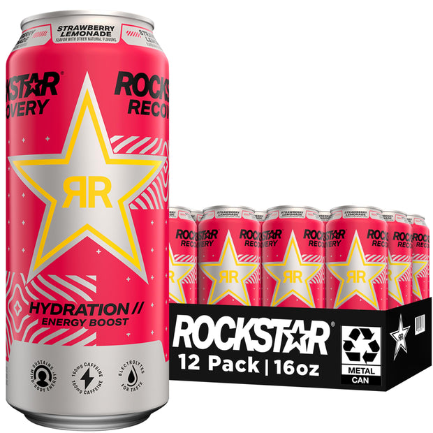 Rockstar Energy Drink with Caffeine Taurine and Electrolytes, Recovery Lemonade, 16oz (12 Pack) (Packaging May Vary)