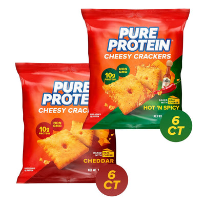 Pure Protein Cheesy Crackers Variety Pack, 6 Hot and Spicy and 6 Cheddar, High Protein Snack, 10G Protein, 1.34 oz, 12 Count
