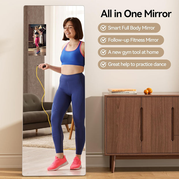Smart Home Gym Mirror 65"x23.6", Trainer Workout Mirror with 14" Screen Display, Support Phone Casting Function, Follow Tiktok Videos to Do yoga,Dancing, Exercise Fitness(Portrait Screen for TikTok)