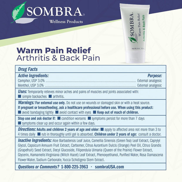 Sombra Warm Pain Relief Gel, Warm Relief for Arthritis and Chronic Pain Pre-Workout Muscle Rub Vegan Formula Free of Artificial Fragrances, Dyes, NSAIDs, Wax, Petroleum, Alcohol - 4oz Jar