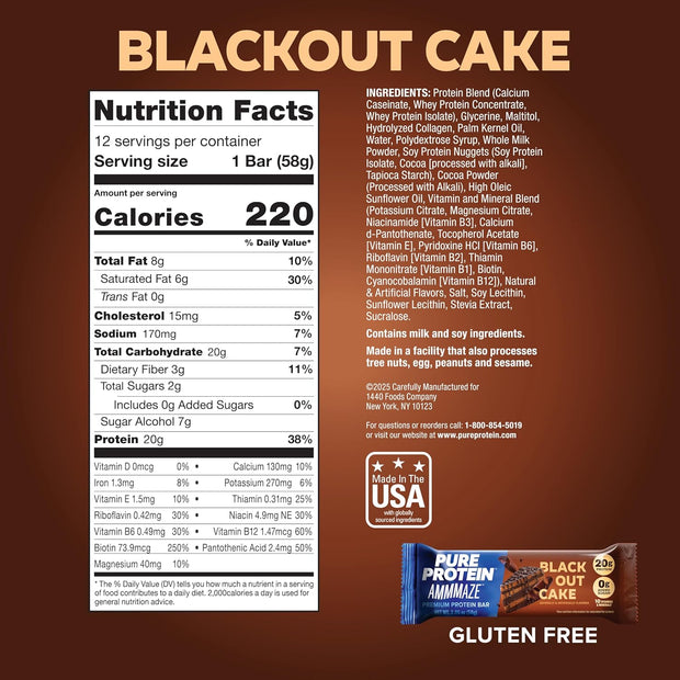 Pure Protein AMMMAZE Blackout Cake Protein Bars, 12 Count – 20g Protein, 3g Fiber, No Added Sugar – Chocolate Meal Replacement - On the Go Snacks