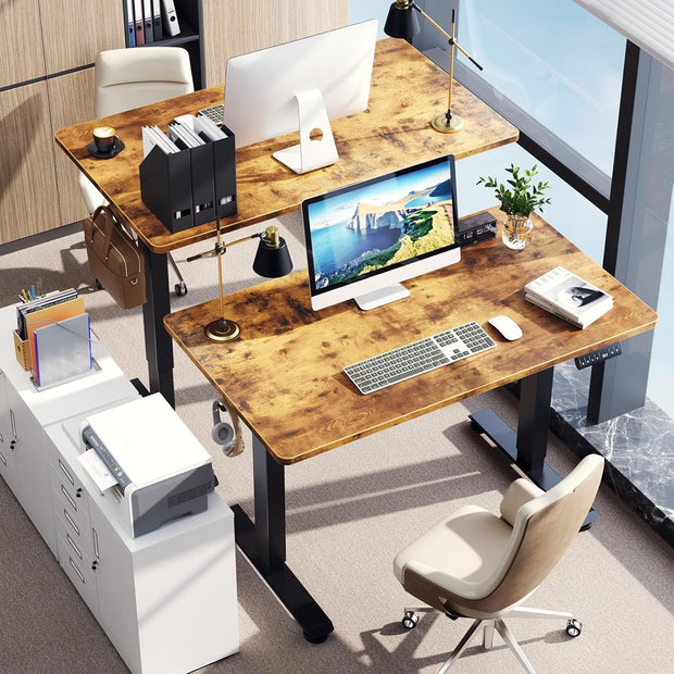 Veken 47.2" Standing Desk Electric, Height Adjustable Sit Stand Up, Wood Desktop, Work Home Office, Computer PC Table, Writing Rising Desks, Brown