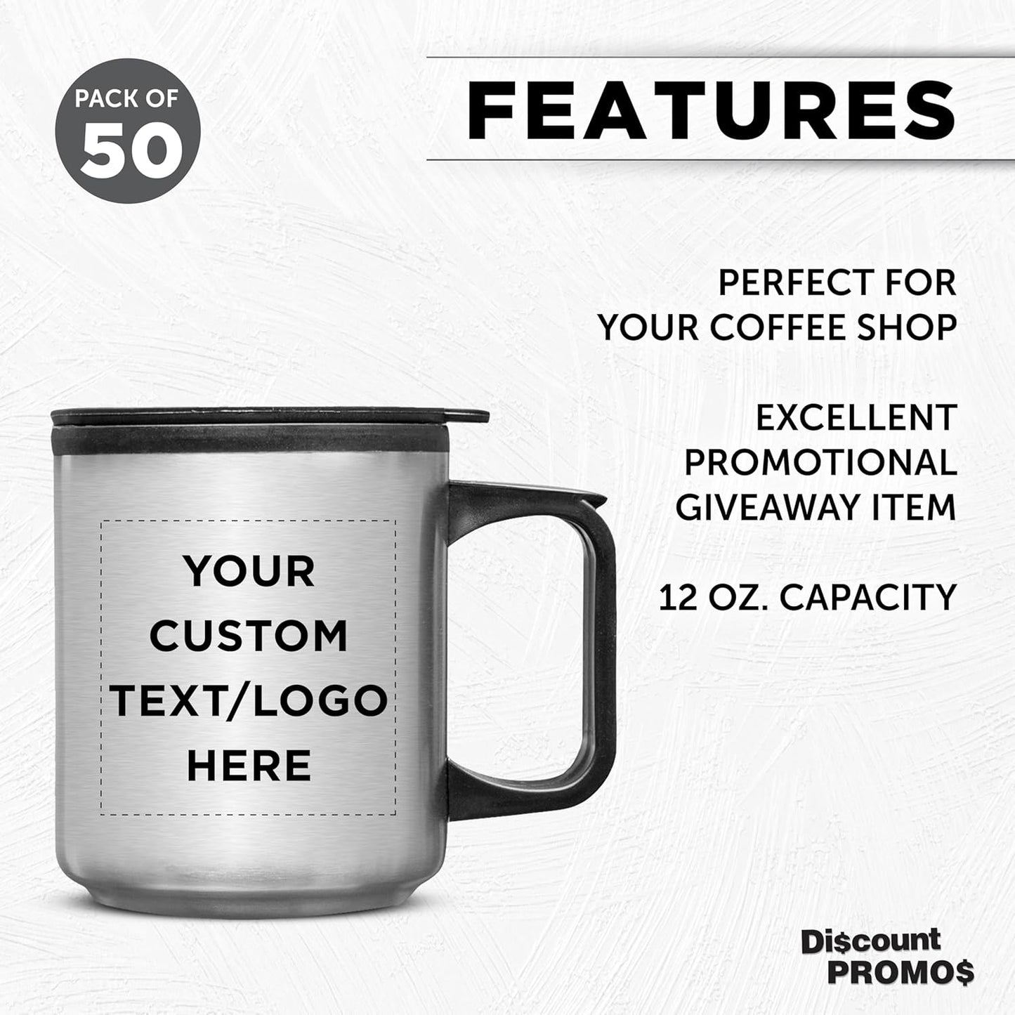 DISCOUNT PROMOS Custom Stainless Steel Travel Mugs with Handle 12 oz. Set of 50, Personalized Bulk Pack - Perfect for Coffee, Soda, Other Hot & Cold Beverages - Stainless Steel