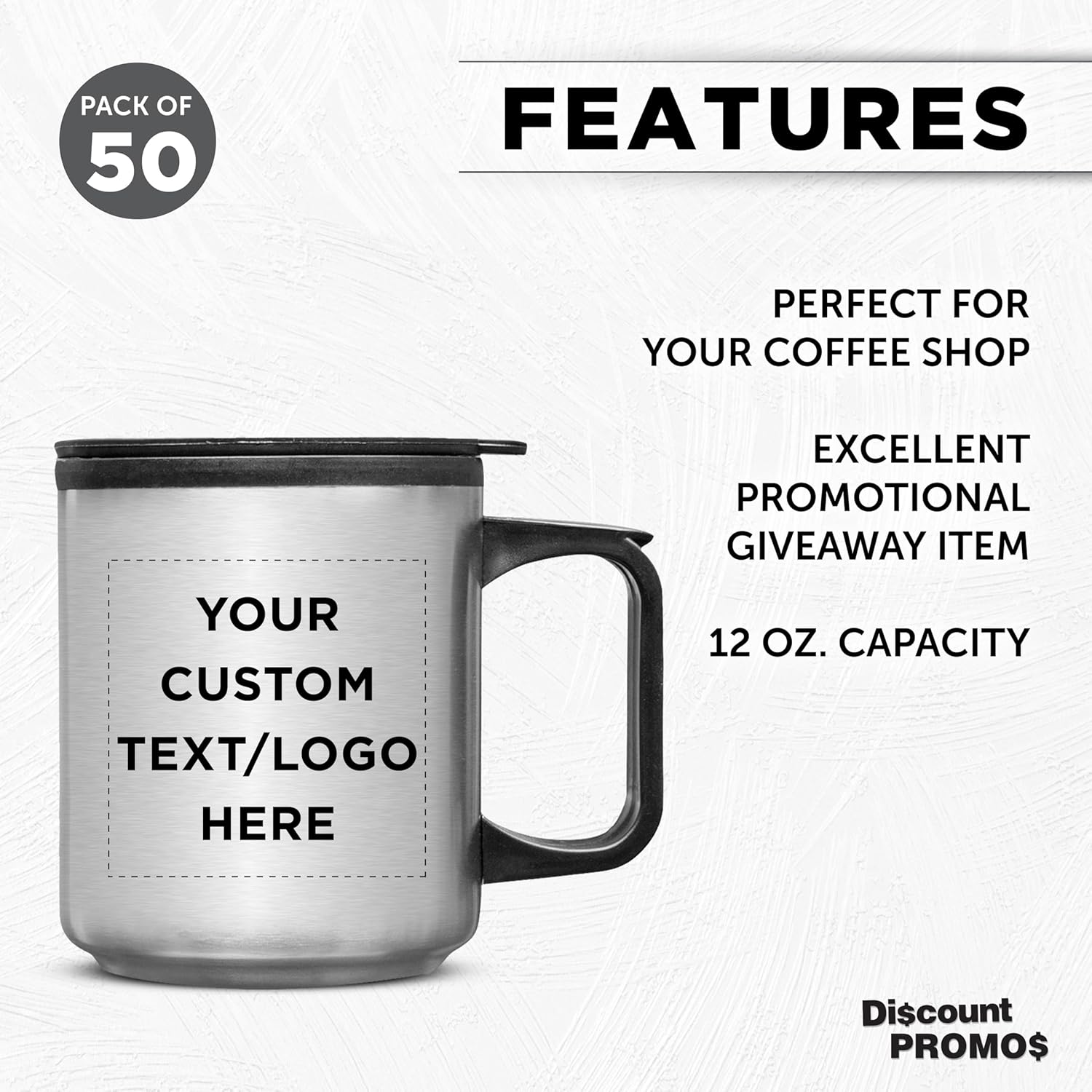 DISCOUNT PROMOS Custom Stainless Steel Travel Mugs with Handle 12 oz. Set of 50, Personalized Bulk Pack - Perfect for Coffee, Soda, Other Hot & Cold Beverages - Stainless Steel