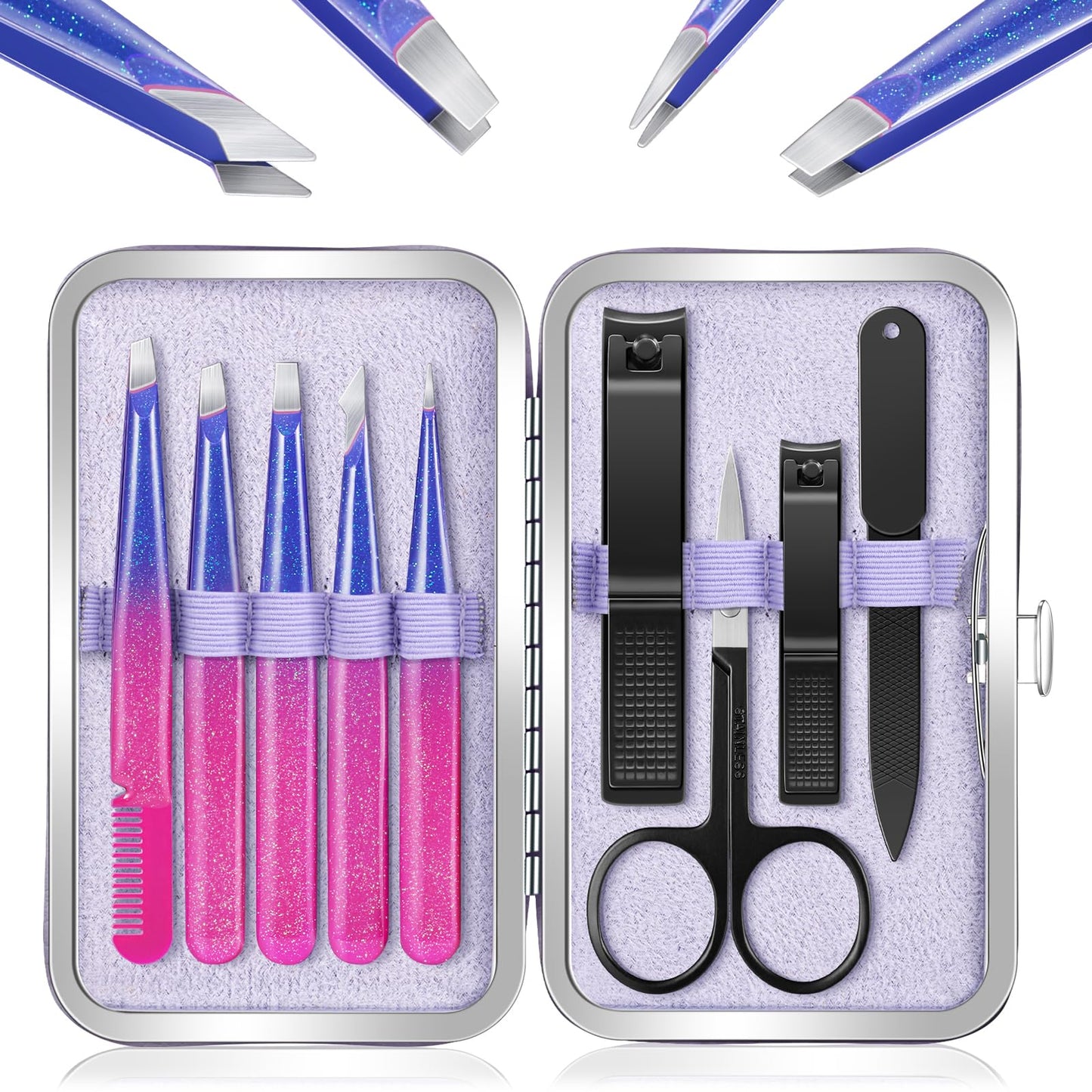 MORGLES Tweezers Set, Professional Nail Clippers and Tweezer Kit for Women and Men with Leather Travel Case, 9 Pack