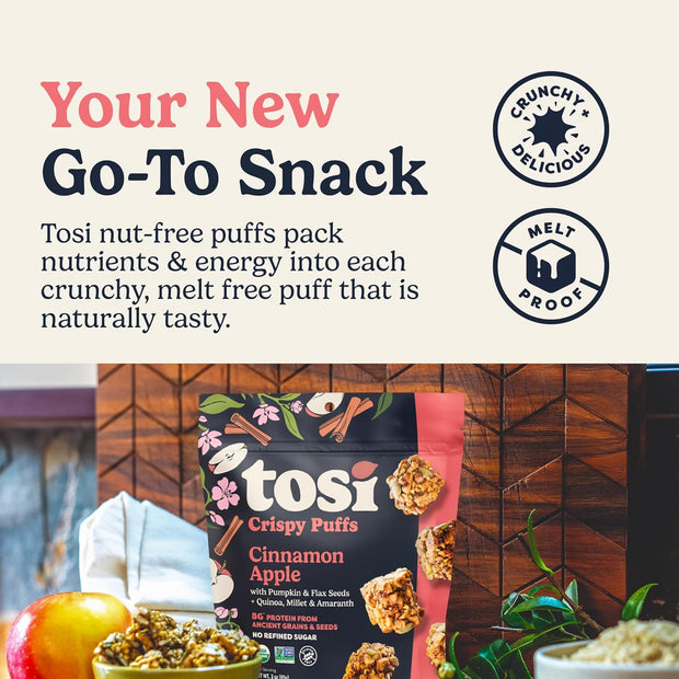 Tosi Crispy Puffs (3oz, 4 Pack), Vegan Crunchy Snacks, 8g Plant Based Protein, Nut-Free, Allergen Friendly, Healthy Snacks for Adults & Kids, Gluten Free Treats, Ancient Grains (Cinnamon Apple)