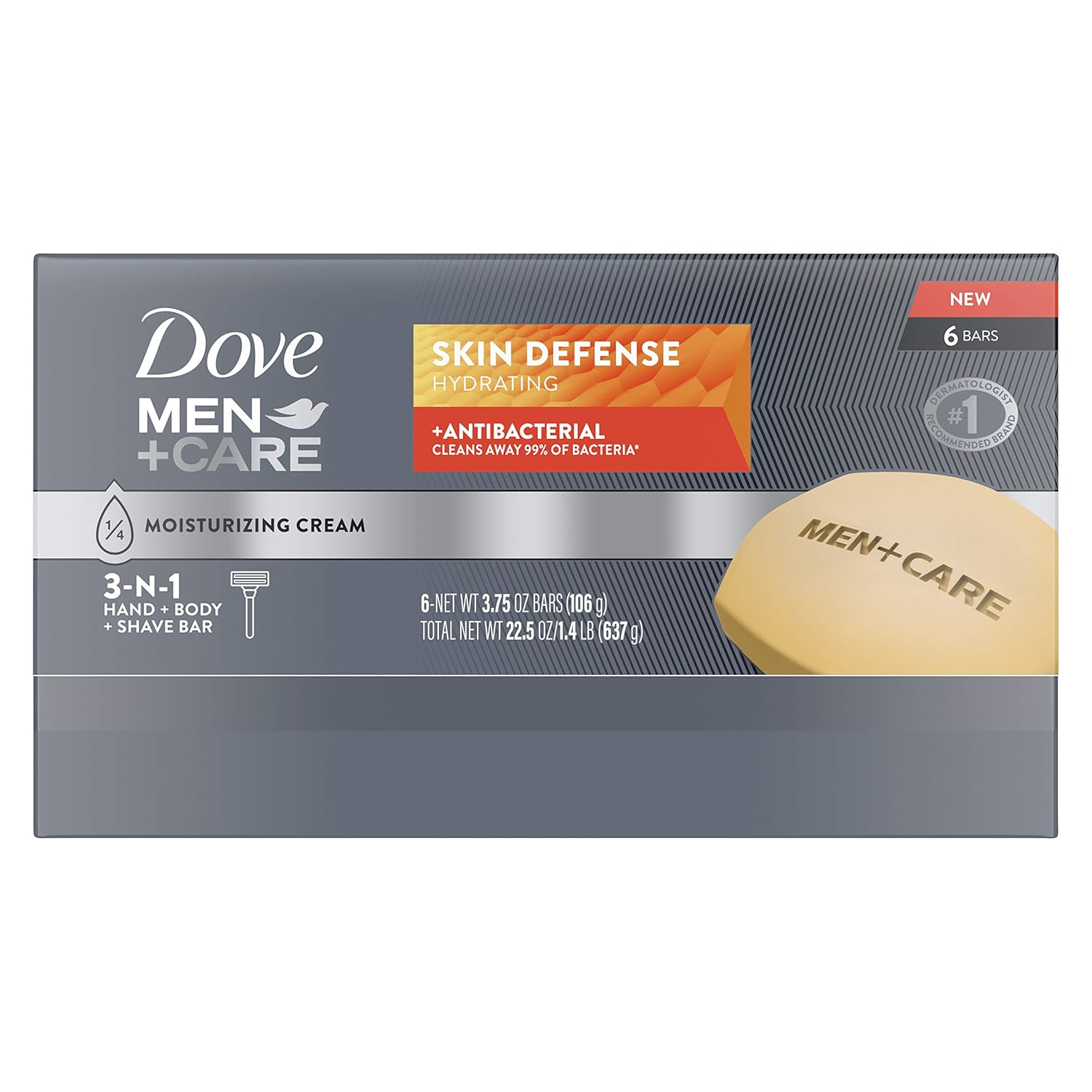 Dove Men+Care Soap Bar For Smooth, Hydrate & Nourishing the Skin - Defense Effectively Washes Away Bacteria, Cream, 3.75 Oz, 6 Count