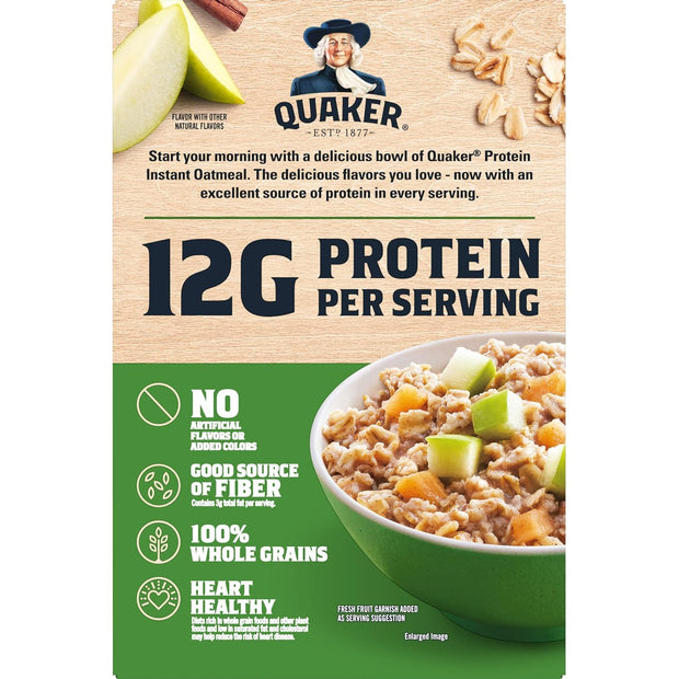 Quaker Protein Instant Oatmeal, Apple Cinnamon, 12g Protein per Serving, Whole Grains, No Artificial Flavors, No Added Colors, 2.11 oz Packets, (6 Pack)