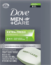 Dove Men+Care 3 in 1 Bar Cleanser for Body, Face, and Shaving to Clean and Hydrate Skin Extra Fresh Body and Facial Cleanser More Moisturizing Than Bar Soap 3.75 oz 8 Bars