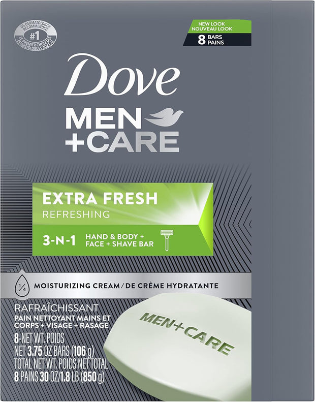 Dove Men+Care 3 in 1 Bar Cleanser for Body, Face, and Shaving to Clean and Hydrate Skin Extra Fresh Body and Facial Cleanser More Moisturizing Than Bar Soap 3.75 oz 8 Bars