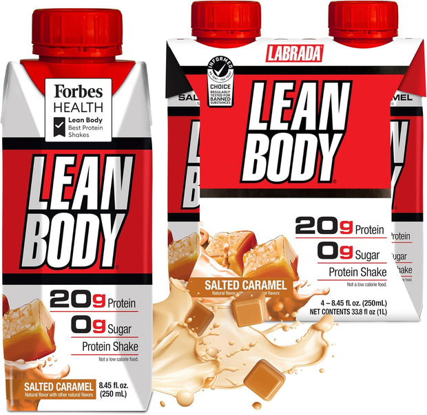 Lean Body Ready-to-Drink Salted Caramel Protein Shake, 20g Protein, Whey Blend, 0 Sugar, Gluten Free, 22 Vitamins & Minerals, (Recyclable Carton & Lid - Pack of 4)