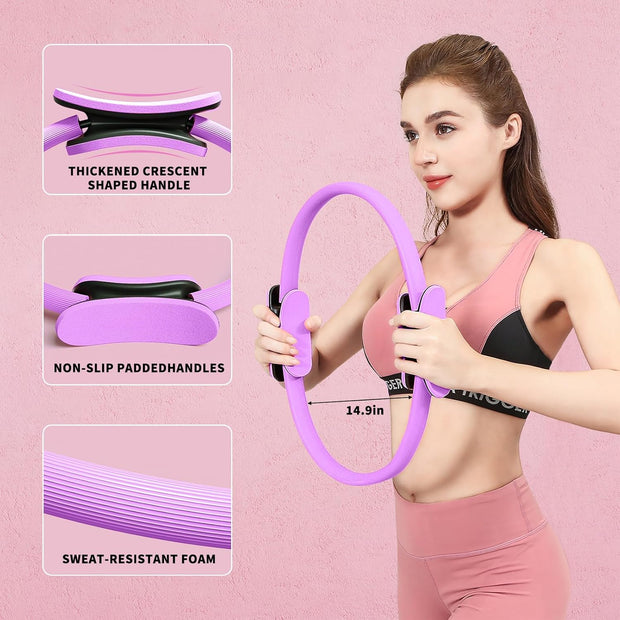 Pilates Ring Set, Home Exercise Pilates Equipment, Including A 14.9-Inch Pilates Ring, A 9.8-Inch Ball, Resistance Bands, and Accessories – A Fitness Gift for Pilates Enthusiasts.