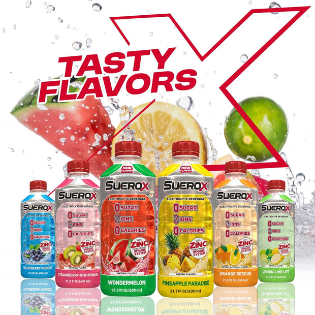 SueroX Zero Sugar Electrolyte Drink for Hydration and Recovery, Unique Blend of Electrolytes & 8 Ions, Zero Calorie Sports Drink, 21.3 Fl Oz, Variety Pack, 12 Count