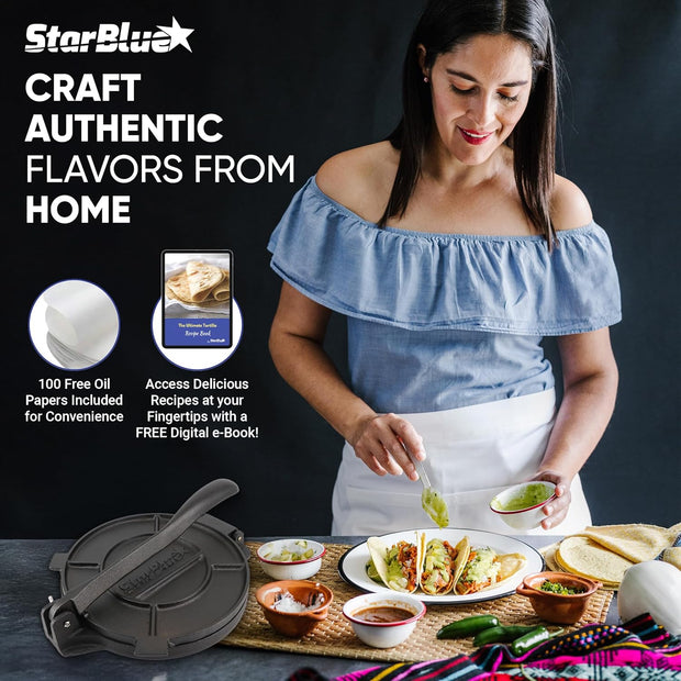 10 Inch Cast Iron Tortilla Press by StarBlue with FREE 100 Pieces Oil Paper and Digital Recipes e-book - Tool to make Indian style Chapati, Flour Tortilla, Roti