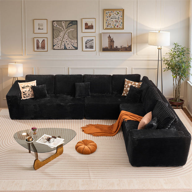114" Boneless Couches for Living Room, Brown Faux Leather Cloud Sectional Couches with Chaise, Deep Seat L Shaped Modular Sofa, No Assembly Required Sofas in a Box (Right,Faux Leather,Brown)