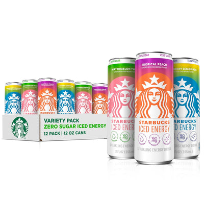 Starbucks Iced Energy Drink, 3 Flavor Variety Pack (Tropical Peach, Watermelon Splash, Blueberry Lemonade), Zero Sugar Energy Drink, Plant Based Caffeine, Hydration, Mental Clarity, 12 Fl Oz Cans (Pack of 12)
