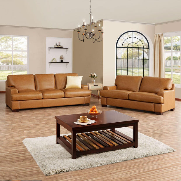 Naomi Home Siggy Genuine Leather Sofa - Set of 3 Luxurious Comfort, Goose Feather Cushion Filling, Square Arm Design, Sturdy Block Legs, Elegant Tan - Ideal for Living Room, Office, or Bedroom