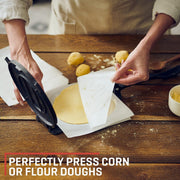 Uno Casa Cast Iron Tortilla Press 8 Inch - Tortilla Maker Press, Pre-Seasoned Roti Maker with 100 Pcs Parchment Paper - Heavy Duty Quesadilla Maker for Homemade Flatbreads, Rotis, Empanadas