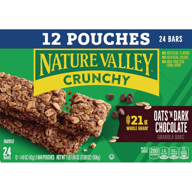 Nature Valley Crunchy Granola Bars, Oats 'n Dark Chocolate, 24 Bars, 17.88 OZ (12 Pouches)