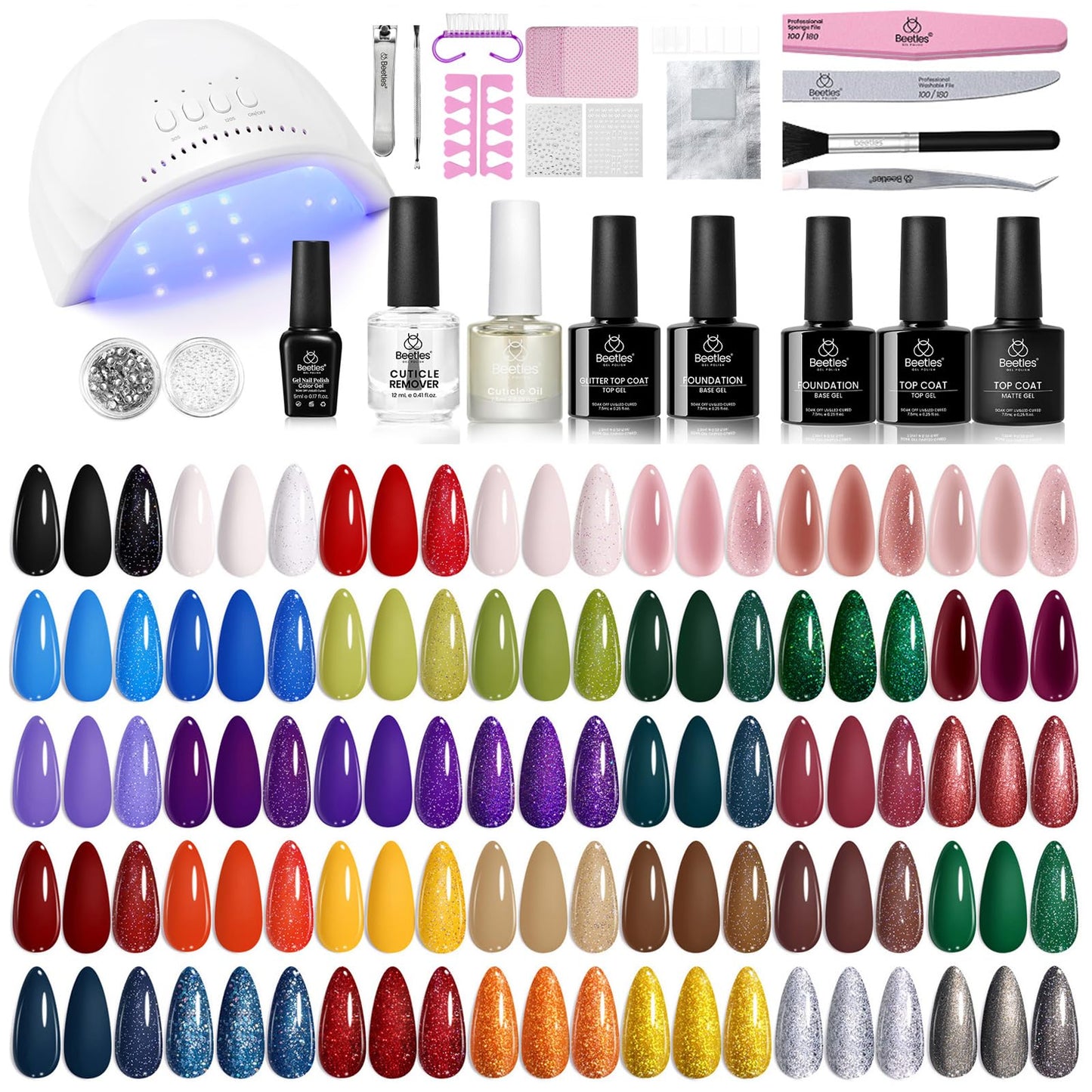 Beetles Gel Nail Polish Set,119 PCS 100 Colors Gel Polish Kit Base Glossy Matte Glitter Top Coat Neon Glitter Pearl Cat Eye White Red Pink Nude Nails Gift for Women Beetles Infinite Styles 100 Colors
