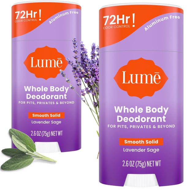 Lume Whole Body Deodorant - Smooth Solid Stick - 72 Hour Odor Control - Aluminum Free, Baking Soda Free and Skin Safe - 2.6 Ounce (Pack of 2) (Soft Powder)