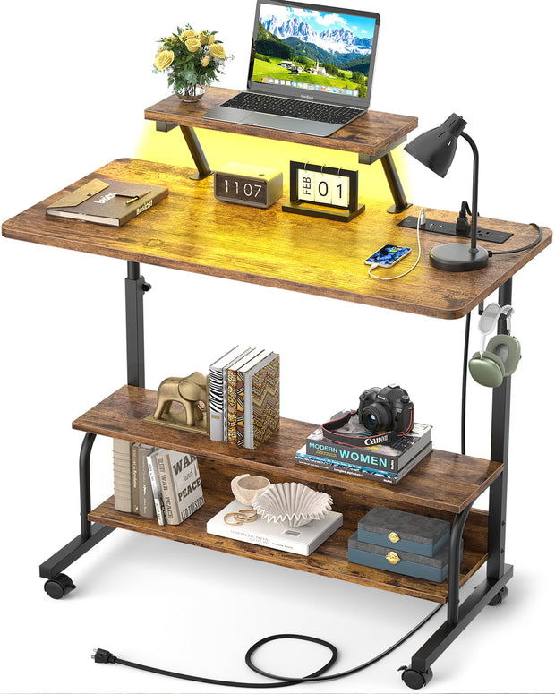 Height Adjustable Standing Desk with Power Outlets and LED Lights - 39" Manual Stand Up Desk with Monitor Stand and Storage Shelves Small Mobile Rolling Computer Desk Portable Laptop Table, Rustic