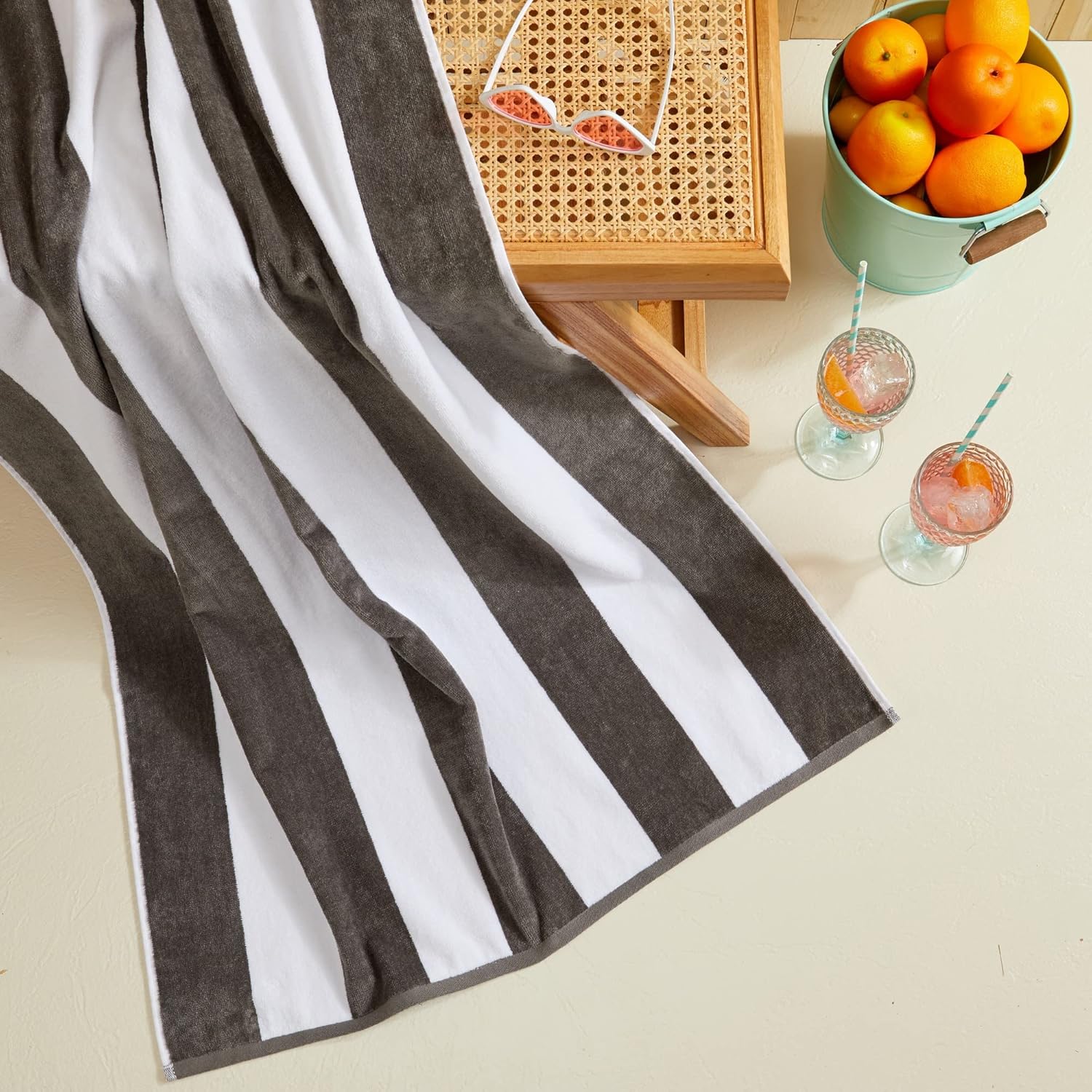 100% Cotton Velour Cabana Stripe Beach Towel Set 30" x 60" - Ultra Soft, Plush, & Highly Absorbent Towels for Pool, Beach, & Swimming. Marina Collection (4-Pack, Charcoal)