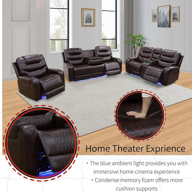 Living Room Furniture Set, Power Reclining Sofa Set, Air Leather Recliners with Built-in USB Ports and Storage Console, LED Reclining Couch Set for Living Room (Wine, Sofa Loveseat Chair)