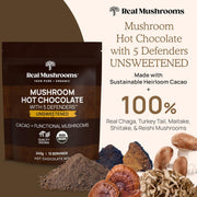 Real Mushrooms Organic Hot Chocolate Mix with Reishi, Turkey Tail, Chaga, Shiitake, Maitake – Cacao Powder Organic Mushroom– 5 Defenders Mushroom Cacao Powder, Vegan, Gluten-Free, 15 Servings